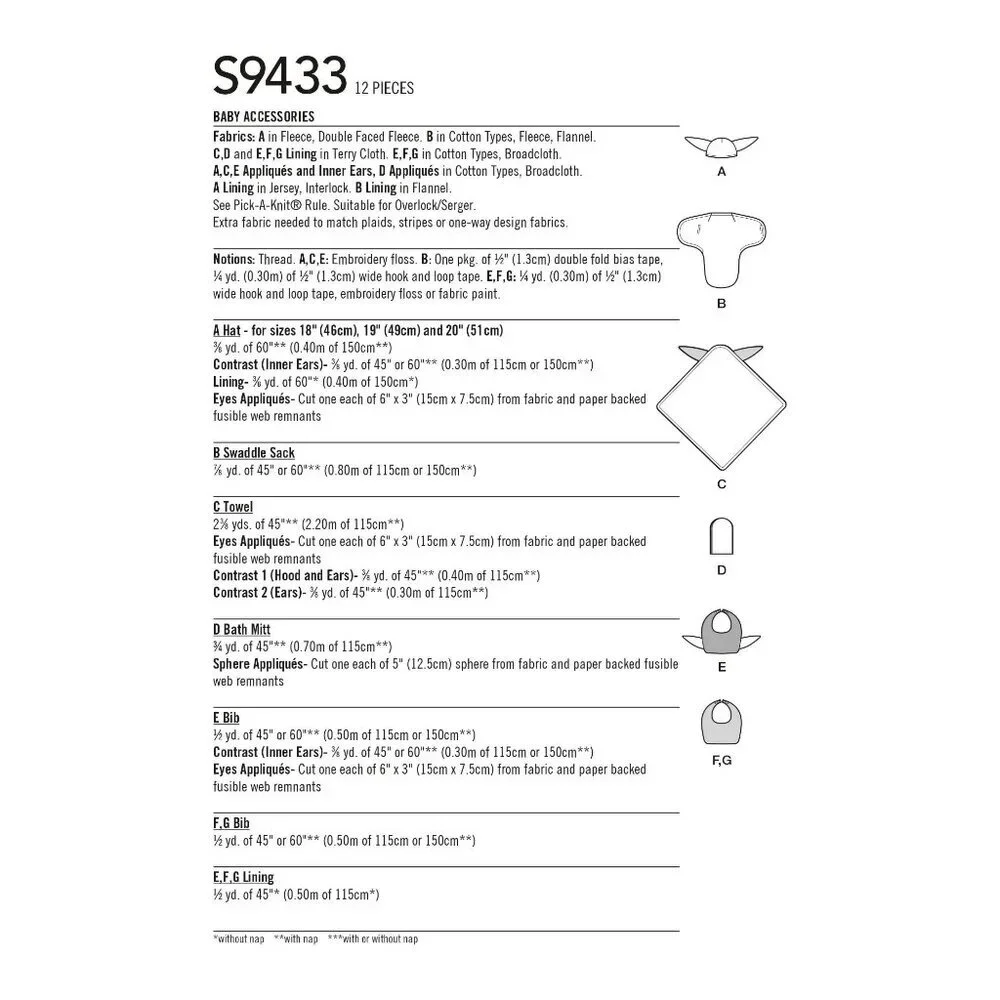 Simplicity Sewing Pattern‎ 9433 11281 Baby Swaddle Hat Towel Bib Bath Mitt